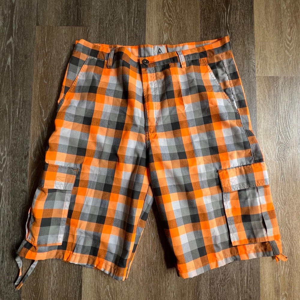 Access Cargo Shorts Mens 40 Orange Plaid Utility Gorpcore Drawstring Hem 2741